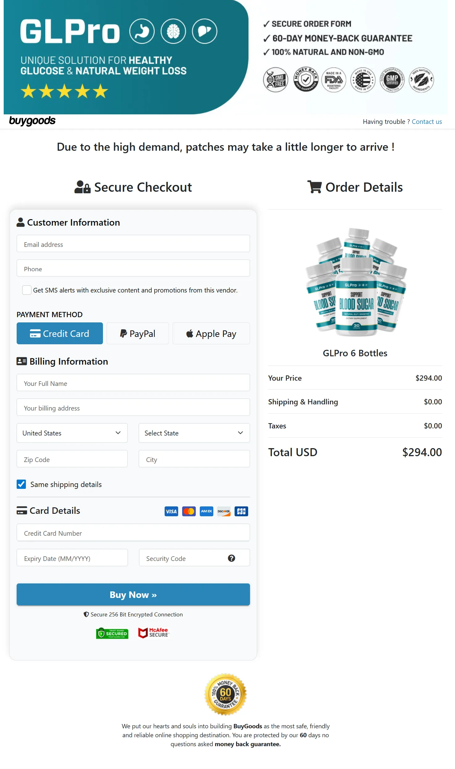 GLPro checkout page